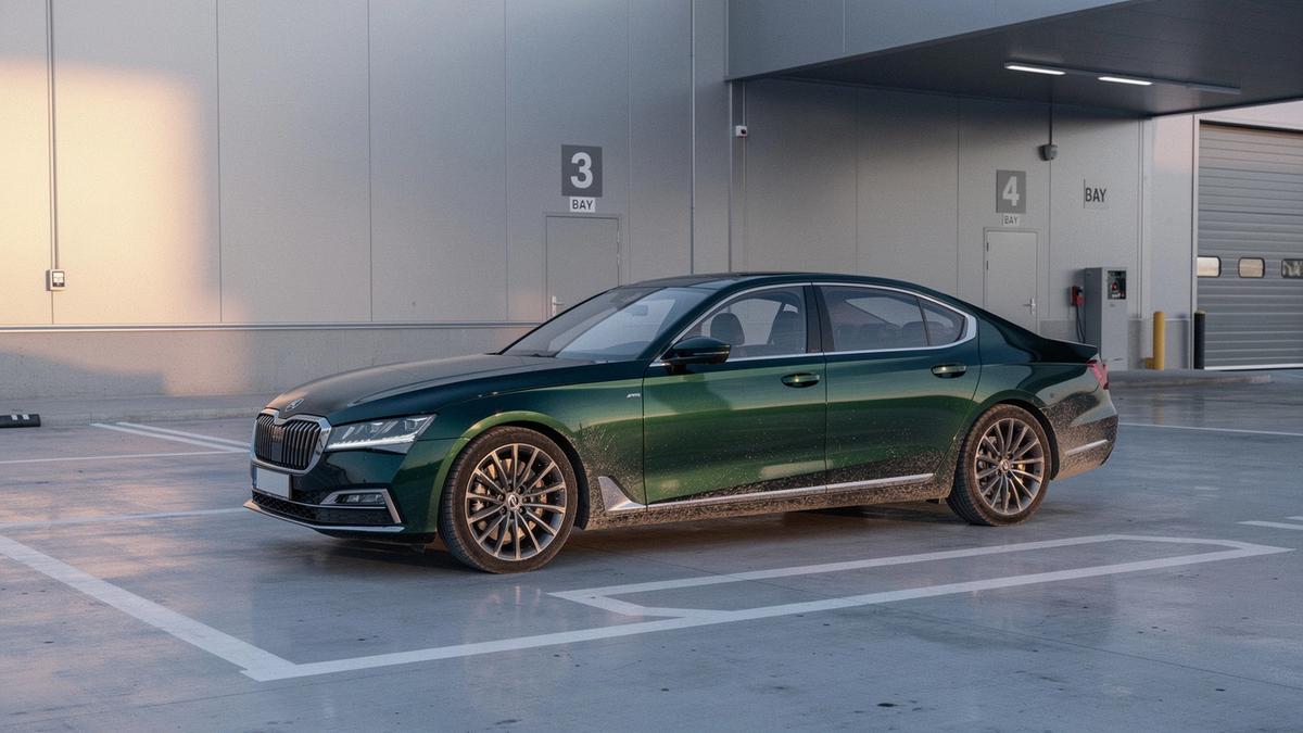 Dark green luxury sedan photographed in a Kyiv handover bay before collection