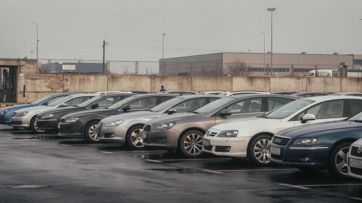 Cars parked in a covered handover row in Kyiv on an overcast morning