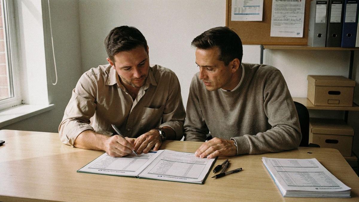 Advisor and client reviewing a printed vehicle dossier at a desk in Kyiv