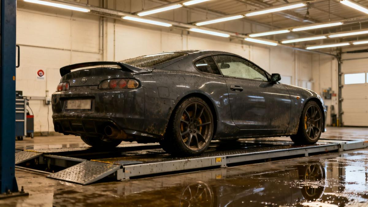 Dark grey performance coupe photographed on a wet inspection ramp inside a workshop bay